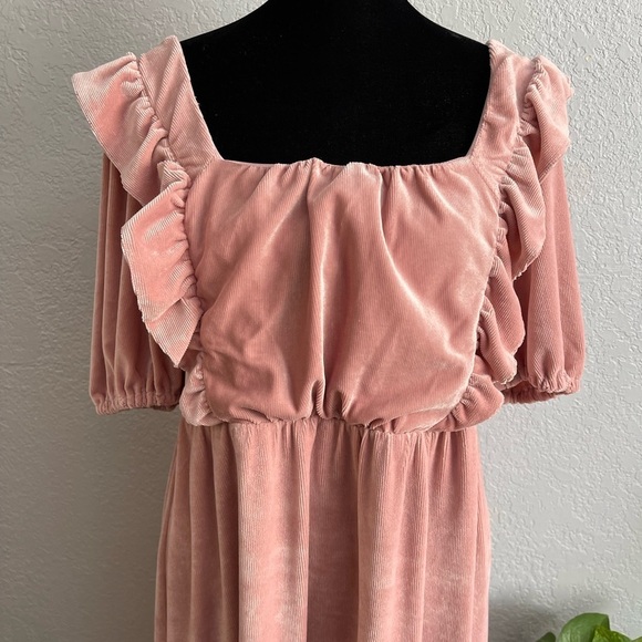 ASOS Corduroy Blush Pink Puff Sleeve Square Neck Midi Dress Prairie Boho Sz 2 - Picture 7 of 7